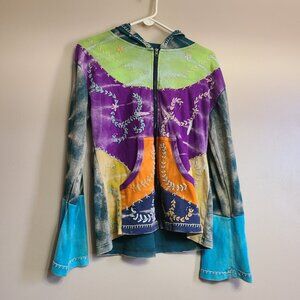 MULTI COLORED PATCHES OF COLORED WITH FLORAL ACCENTS HOODIE SIZE 20" BUST